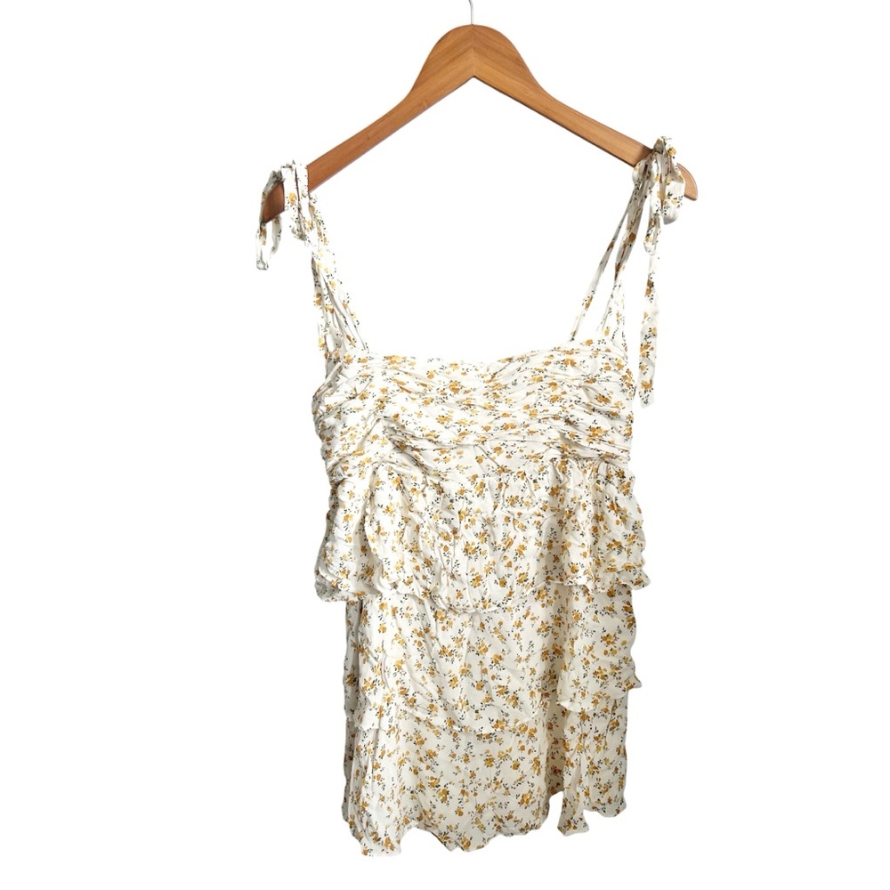 Reformation Avni Babydoll Tiered Tie Sleeve Yellow Floral Mini Dress Size Large - Picture 4 of 8